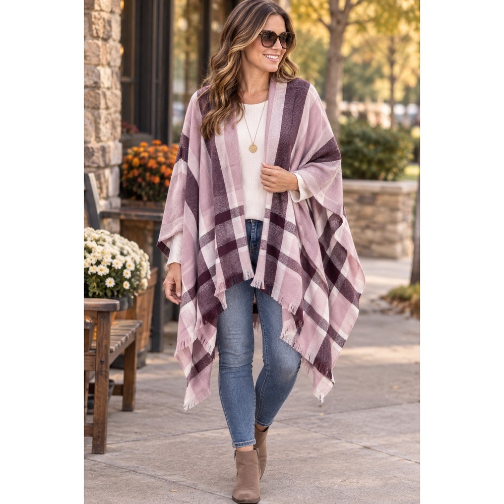 Tahari Womens Plaid Poncho Wrap Mauve Burgundy Fringe Trim One Size OS
